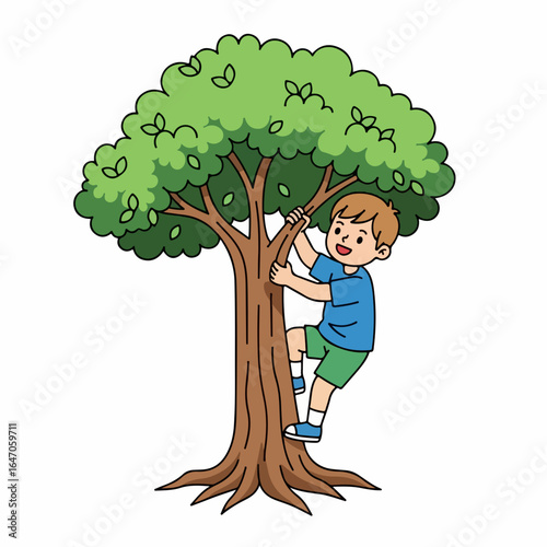 Flat illustration of a young boy happily climbing a large green tree with lush leaves, isolated on white background