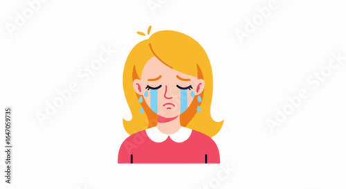 Flat illustration of closeup portrait of a sad young woman crying with tears streaming down her face, isolated on white background