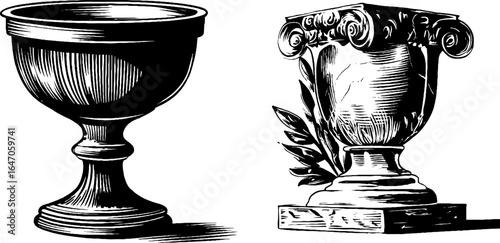 Vintage engraved illustration set of bronze brazier and classical column design