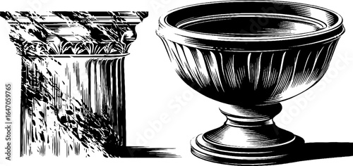 Vintage hand drawn engraving of bronze brazier and architectural column for retro design