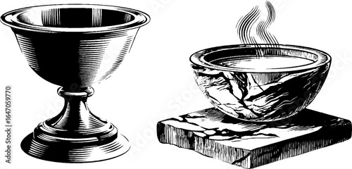 Vintage engraved set of bronze brazier and chalice for historical design