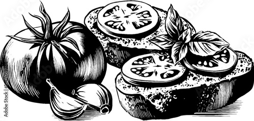 Vintage engraved illustration set of bruschetta with tomato and basil for culinary art design