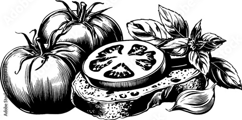 Engraved illustration of bruschetta with tomato and basil - perfect for retro design