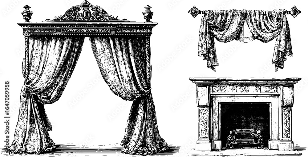 Fototapeta premium Vintage hand drawn engraving of carved canopy bed and fireplace set for retro interior design