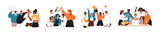 Business team celebrates work success set. Happy employees congratulate with teamwork win. People group supports, colleagues rejoice at corporate victory. Flat isolated vector illustrations on white.