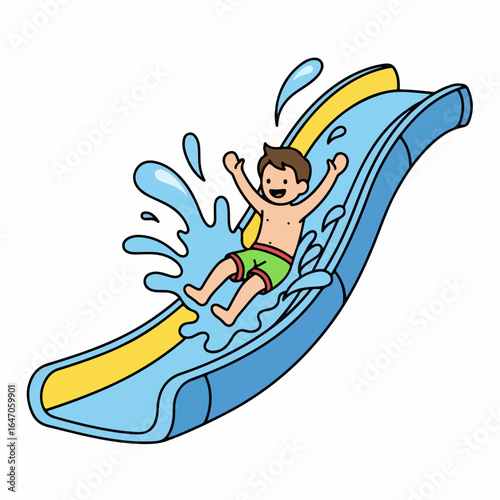 Flat illustration of a boy having fun sliding down a blue and yellow waterslide with splashes, isolated on white background