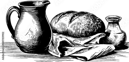 Rustic kitchenware and bread sketch - buttermilk jug and loaf illustration for retro design