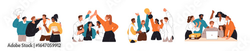 Business team celebrates work success set. Happy employees congratulate with teamwork win. People group supports, colleagues rejoice at corporate victory. Flat isolated vector illustrations on white.