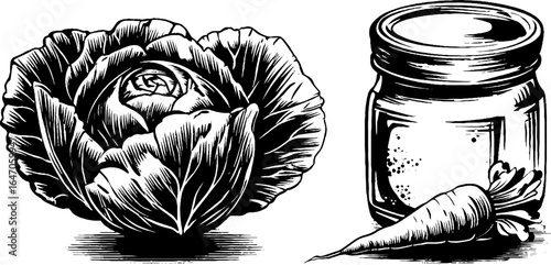 Vintage engraving of cabbage, carrot, and jar for retro kitchen decor