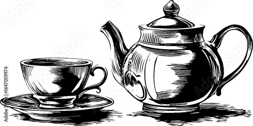 Engraved illustration set of ceramic teapot and cup for retro design