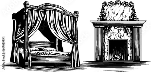 Engraved illustration of canopy bed and fireplace. Vintage hand drawn sketch with ornate carving detail.