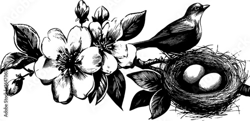 Engraved cherry blossom branch with bird and nest - vintage illustration for spring design