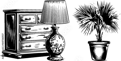 Vintage engraved illustration set of chest of drawers, decorative lamp, and potted plant for design projects