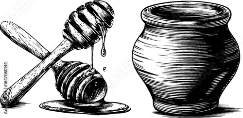 Vintage hand-drawn illustration of clay honey jar with dipper and honey dripping