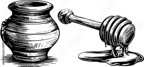 Engraved illustration of clay honey jar and honey dipper for retro design projects