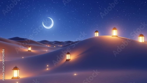 Ramadan Desert Night with Lanterns and Crescent Moon