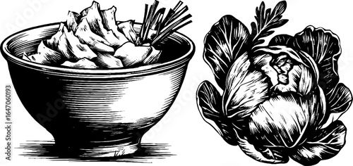 Vintage coleslaw sketch with ceramic bowl for kitchen decor and restaurant design