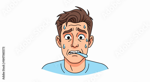 Flat illustration of a man with a worried expression, sweating profusely, isolated on white background