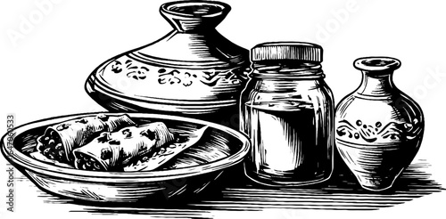 Vintage engraved illustration of enchiladas with traditional pottery for kitchen decor