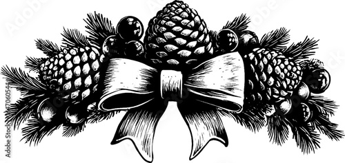 Festive evergreen wreath with pinecones and bow - vintage holiday design for decor and cards