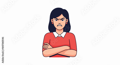 Flat illustration of woman with an angry expression and arms crossed isolated on white background