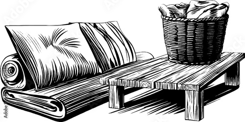 Vintage engraved illustration set of floor cushions and basket for retro home decor design