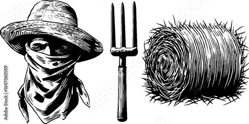 Engraved illustration of farmer in straw hat. Vintage hand drawn sketch with detailed engraving style.