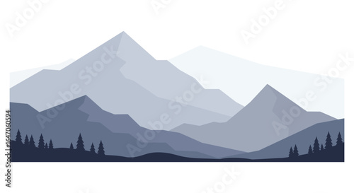 Layered Mountain Range Silhouette with Evergreen Trees in Shades of Blue and Gray