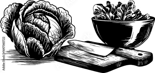 Engraved illustration set of fresh lettuce and chopping board design for culinary projects