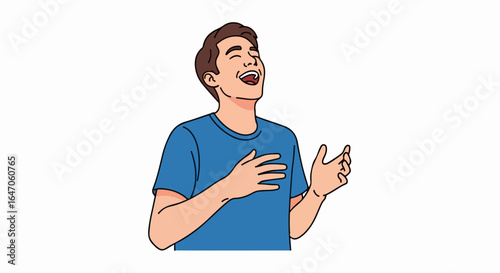 Flat illustration of a young man laughing heartily with hands on his chest, expressing pure joy and amusement, isolated on white background