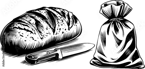 Vintage hand drawn engraving of fresh sourdough loaf with knife and bag