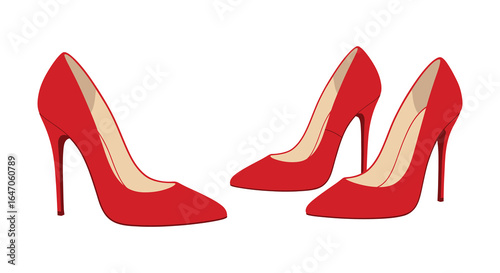 Three stylish red high heel shoes isolated on a white background