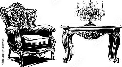 Vintage engraved set of gilded armchair and ornate table with candelabra - retro design inspiration