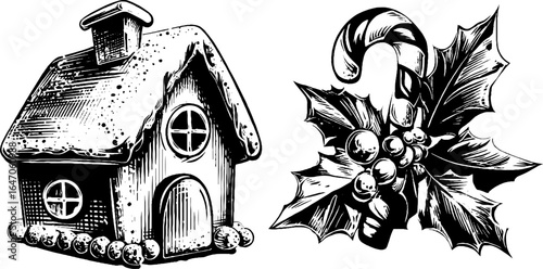 Christmas gingerbread house and candy cane with holly engraved illustration for holiday decor