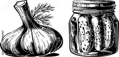 Vintage engraved illustration of glass jar with pickles and garlic bulb for retro kitchen decor