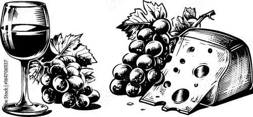 Vintage engraved illustration set of red wine glass and cheese with grapes