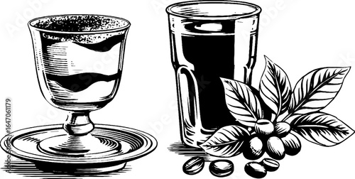 Engraved vintage illustration set of tiramisu glass and coffee elements for retro design