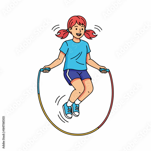 Flat illustration of a young girl jumping rope on a white background