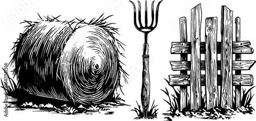 Vintage farm tools and hay bale engraved illustration set for rustic design