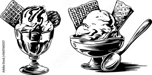 Vintage illustration of ice cream sundae with wafers - ideal for retro print designs