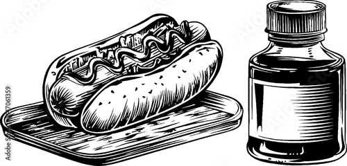 Engraved vintage sketch of hot dog in bun with condiments for retro food design