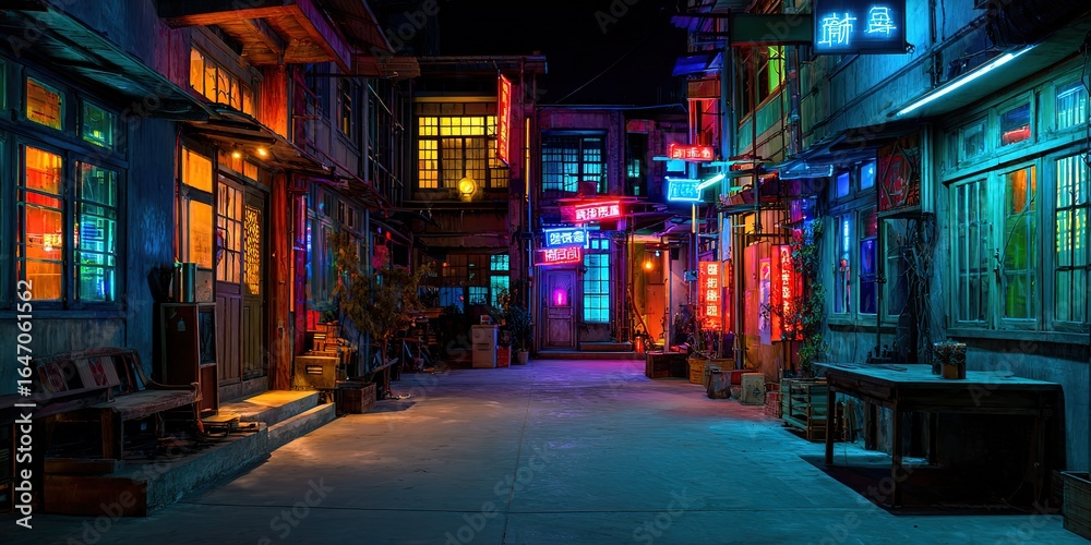 Fototapeta premium A cyberpunk street at night, with neon signs and holographic billboards.
