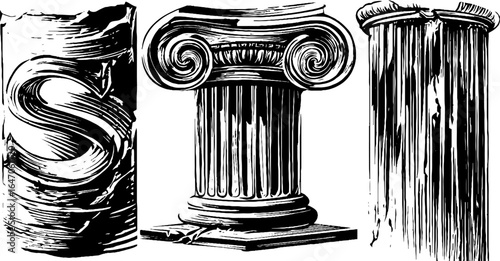 Vintage engraved illustration set of marble columns for historical design and architecture projects