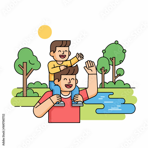 Flat illustration of father carrying son on shoulders in a park with trees and a river, enjoying a sunny day