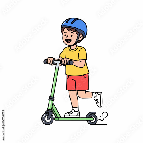 Flat illustration of boy wearing helmet riding a kick scooter, isolated on white background