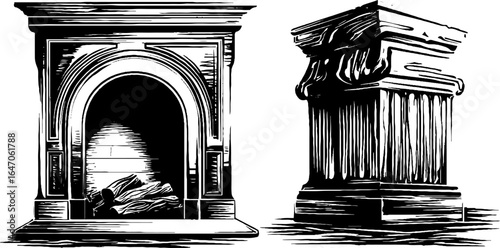Vintage engraved illustrations of marble fireplace and classical column for retro design
