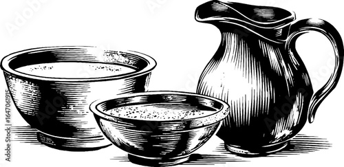 Vintage engraved illustration set of milk jug and pot for retro kitchen decor