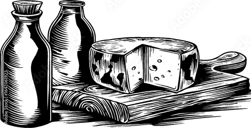 Vintage engraved illustration of milk bottles and cheese on wooden board