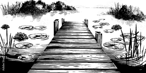 Tranquil lakeside pier with mist and water lilies - vintage engraved landscape illustration for nature lovers
