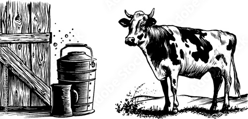 Vintage hand drawn engraving of milking cow scene for rustic design